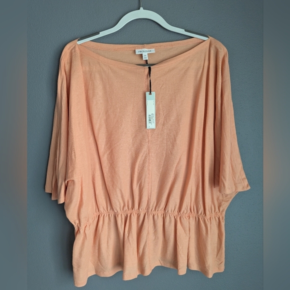 NWT. Plus Size Prologue Orange Cream Flowy Top With Elastic Waist And Peplum Hem - Picture 1 of 5